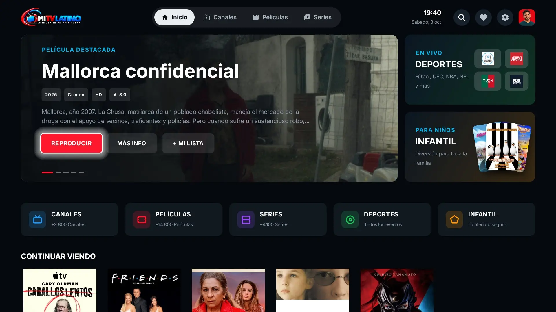 App IPTV con tu marca: pantalla de inicio en Android TV