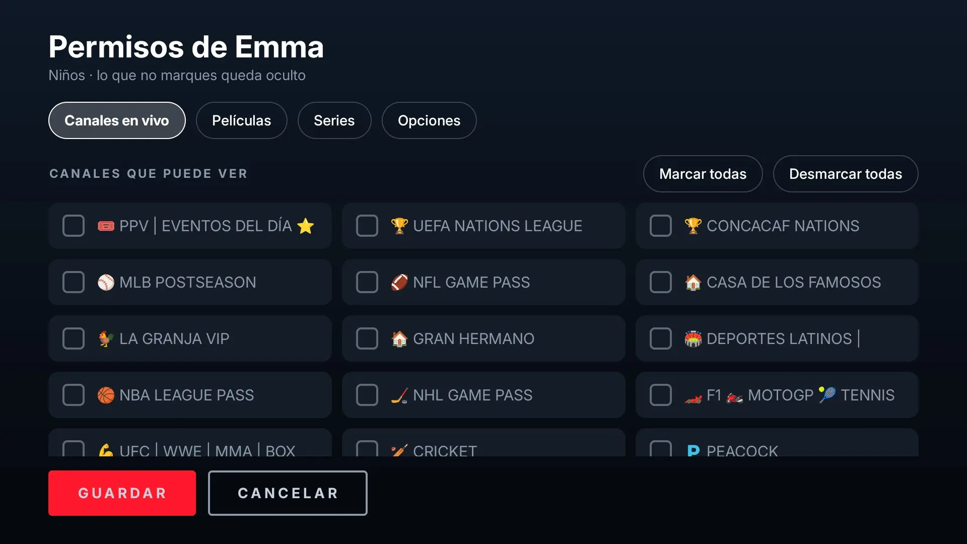 Permisos del perfil en la app: canales que puede ver