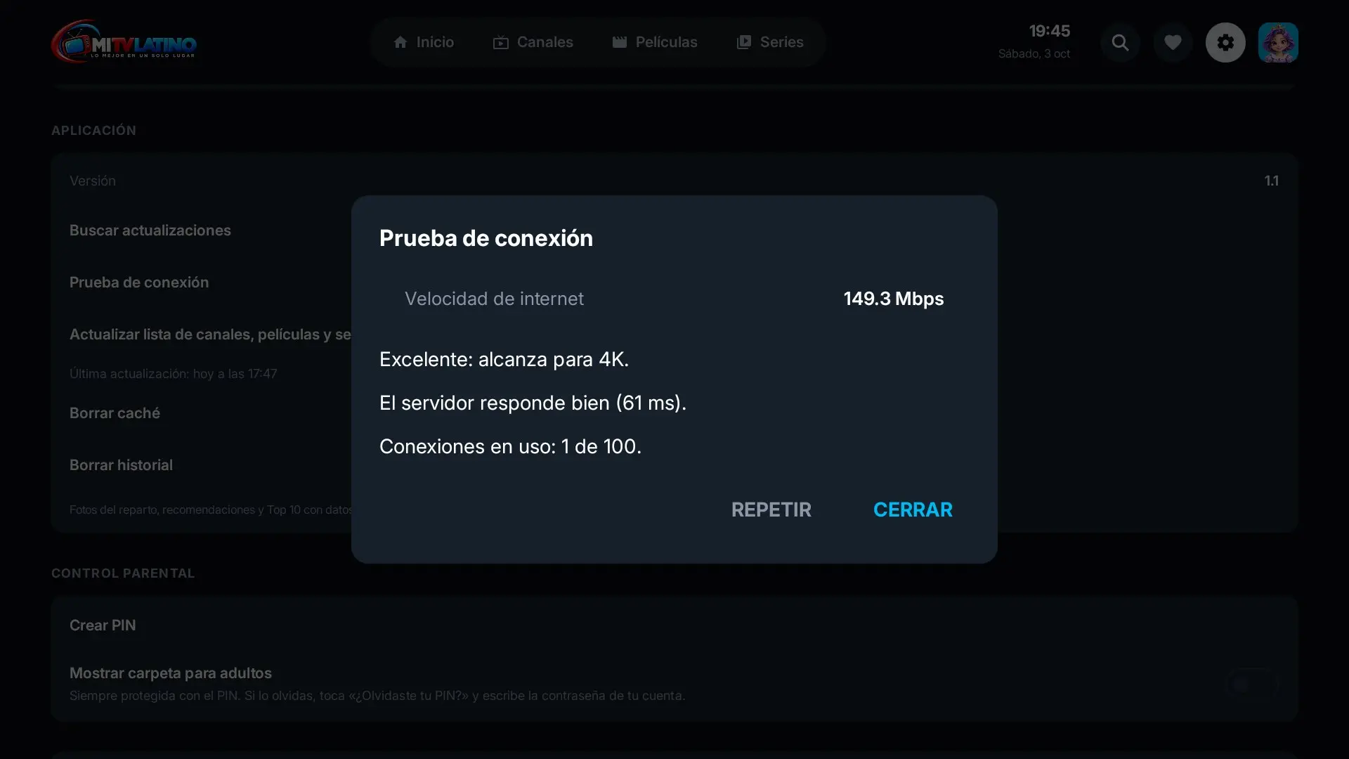 Prueba de conexión de la app: velocidad, servidor y conexiones