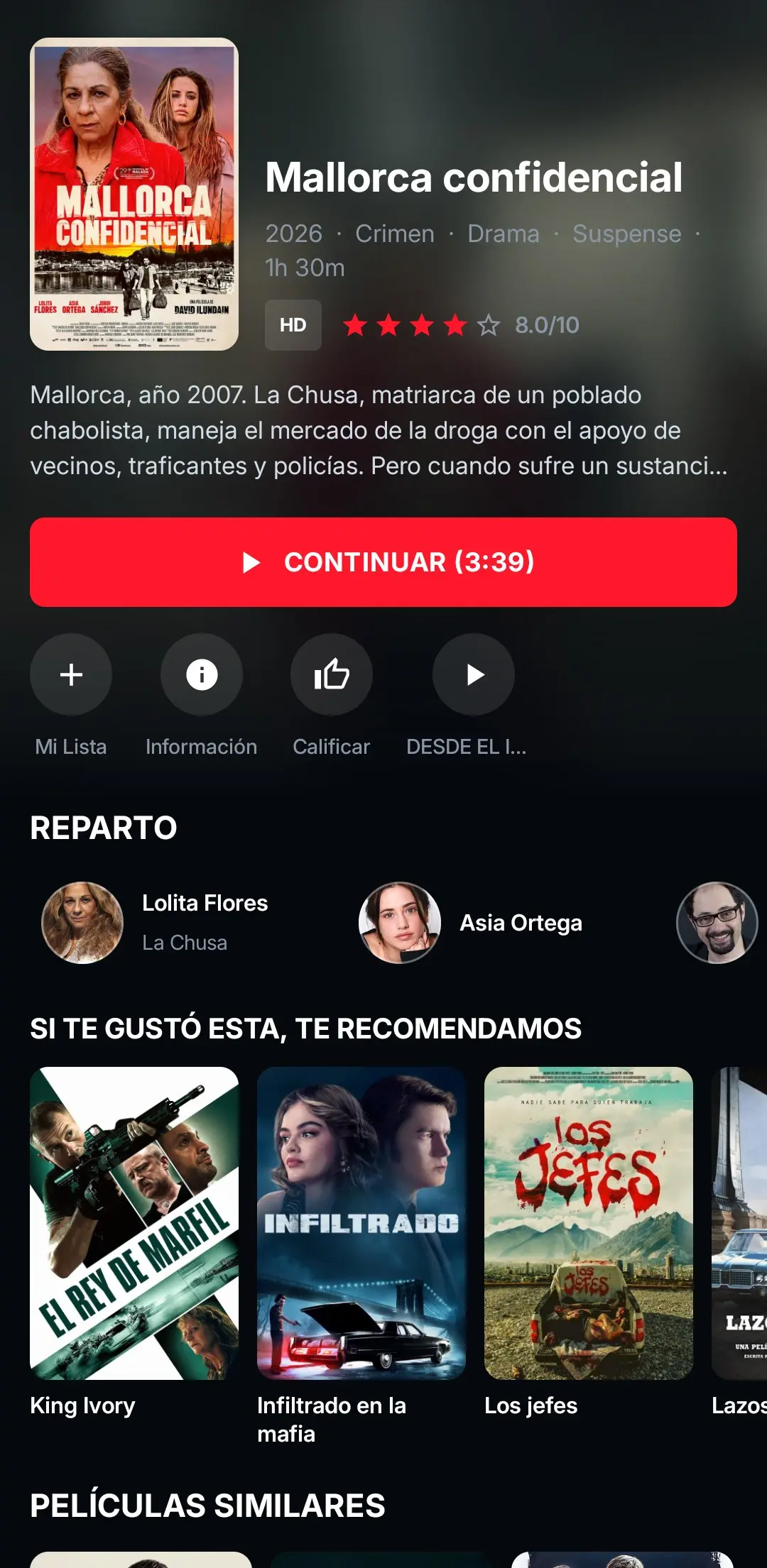 App IPTV en el celular: Detalle de película