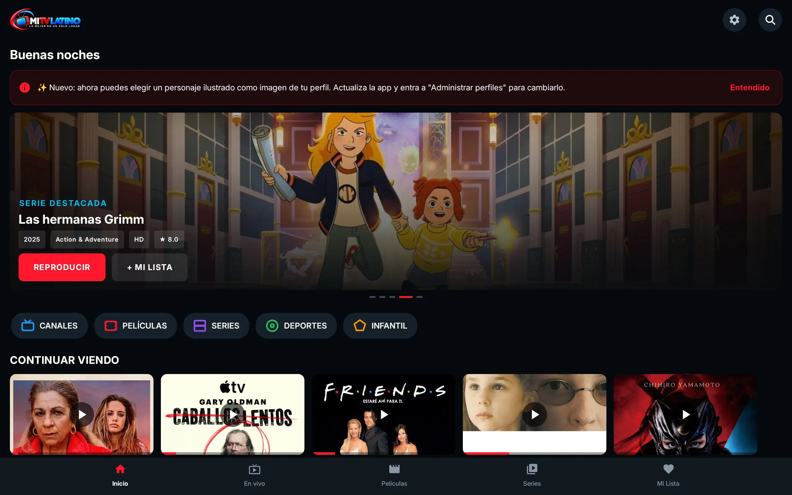 App IPTV en la tablet: Aviso del panel