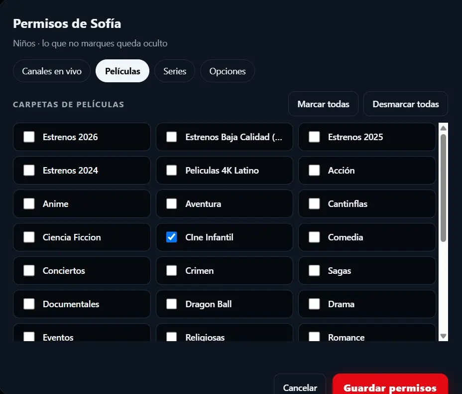 Permisos del perfil en la web Mi cuenta