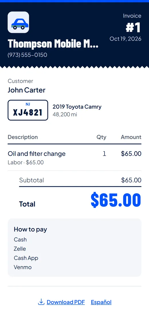 Invoice page the customer opens from the WhatsApp link, with license plate and payment options