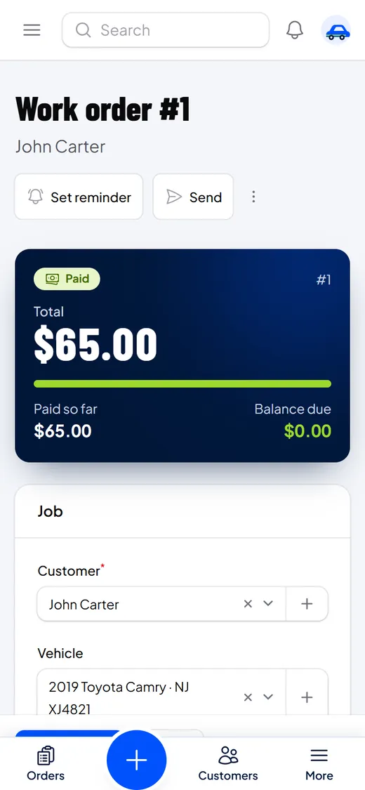 Work order with total, amount paid and balance due