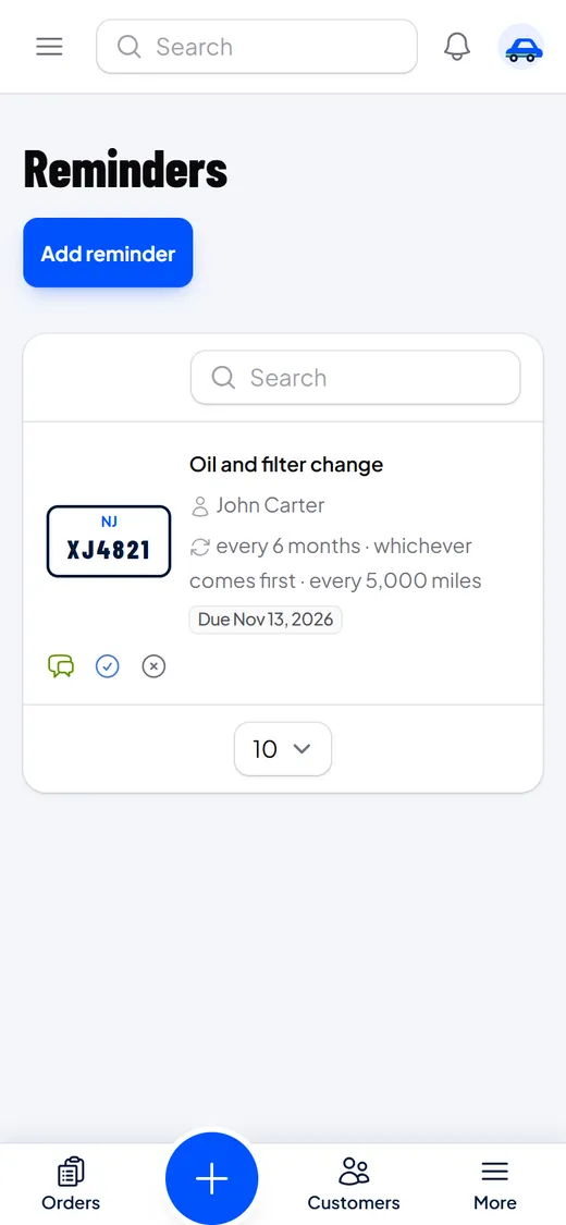 Reminder list showing an oil change due, with the rule set by the mechanic
