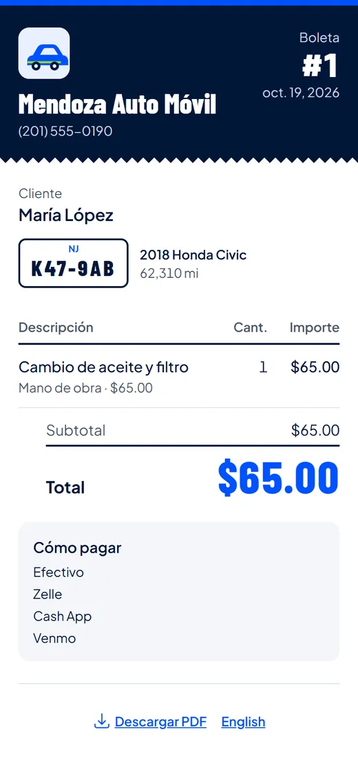 Boleta que el cliente abre desde el enlace de WhatsApp, con la placa y las formas de pago
