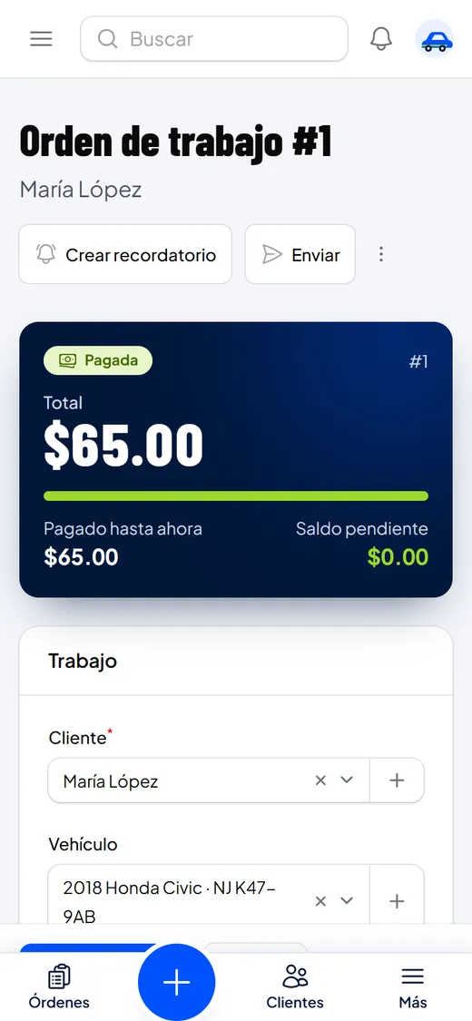 Orden de trabajo con total, monto pagado y saldo pendiente